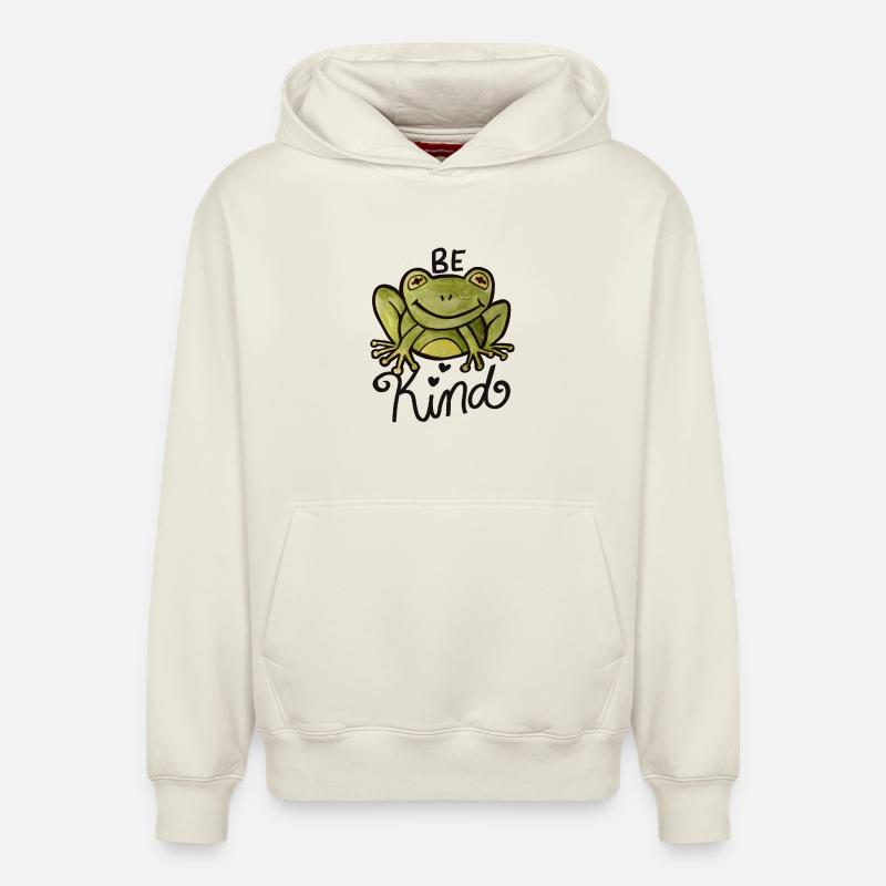 Design aquarelle Be Kind Frog - Sweat à capuche unisexe décontracté en coton biologique – de SPREAD - blanc cassé