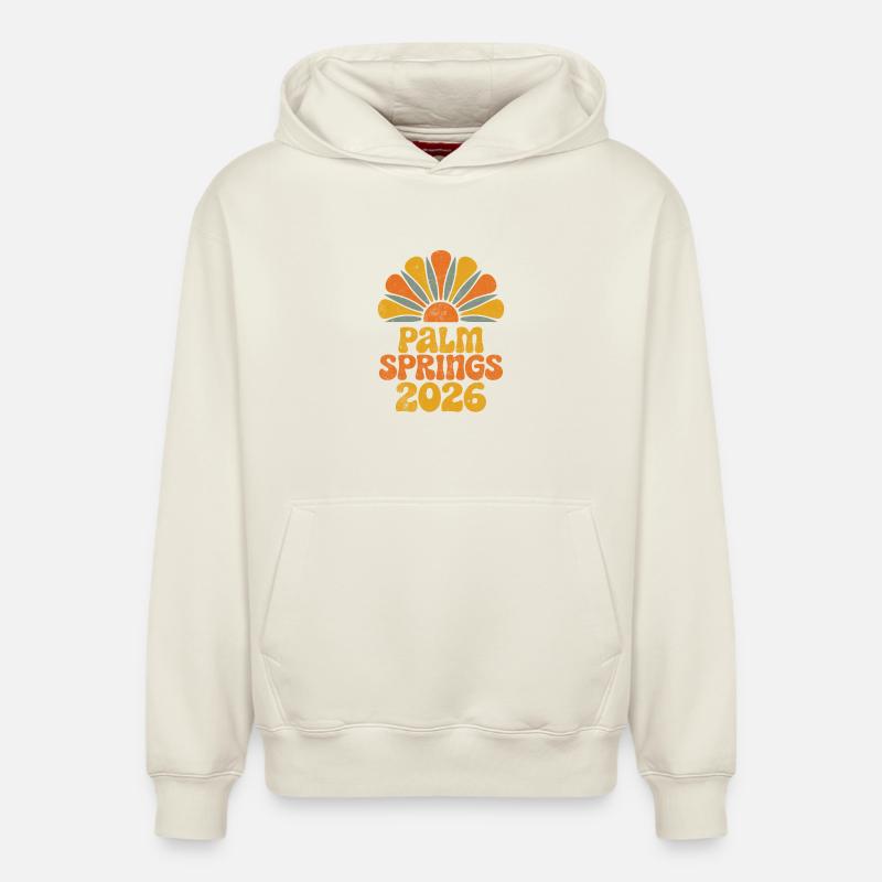 Palm Springs 2026 Rétro Sunburst - Sweat à capuche unisexe décontracté en coton biologique – de SPREAD - blanc cassé