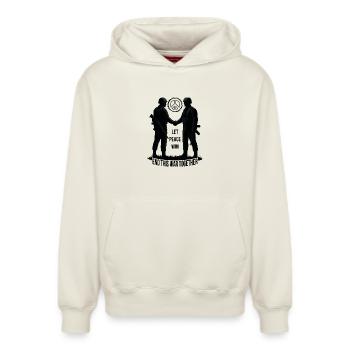 LET PEACE WIN - Relaxed Unisex Organic Hoodie – by SPREAD - off white - Front - AI Model Female 172 dark (172cm) & AI Model Male 178 light (178cm)