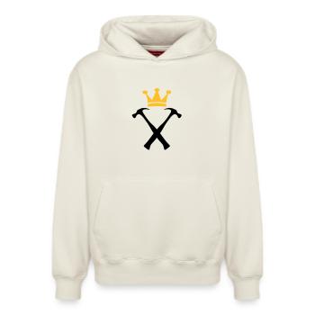 The King of Handymen - Relaxed Unisex Organic Hoodie – by SPREAD - off white - Front - AI Model Female 172 dark (172cm) & AI Model Male 178 light (178cm)