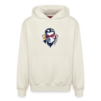 Hero Portrait Red Mask Comic Superhero Character - Relaxed Unisex Organic Hoodie – by SPREAD - off white - Front - AI Model Female 172 dark (172cm) & AI Model Male 178 light (178cm)
