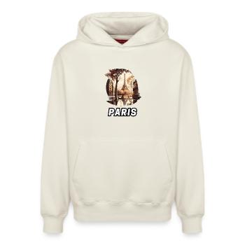 Paris - Sweat à capuche unisexe décontracté en coton biologique – de SPREAD - blanc cassé - Devant - AI Model Female 172 dark (172cm) & AI Model Male 178 light (178cm)