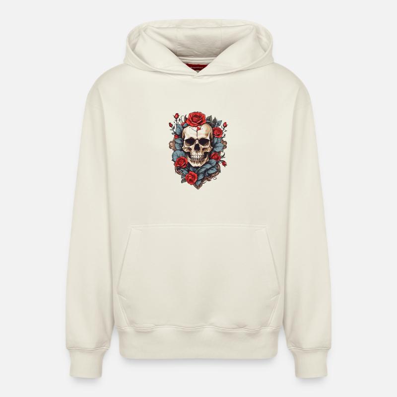 Crâne avec des roses - Sweat à capuche unisexe décontracté en coton biologique – de SPREAD - blanc cassé