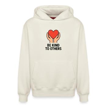 Hands Holding Heart of Kindness - Relaxed Unisex Organic Hoodie – by SPREAD - off white - Front - AI Model Female 172 dark (172cm) & AI Model Male 178 light (178cm)