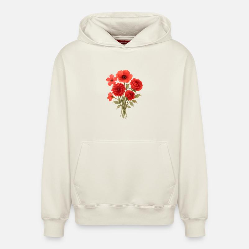 Imprimé de bouquet rouge - Sweat à capuche unisexe décontracté en coton biologique – de SPREAD - blanc cassé