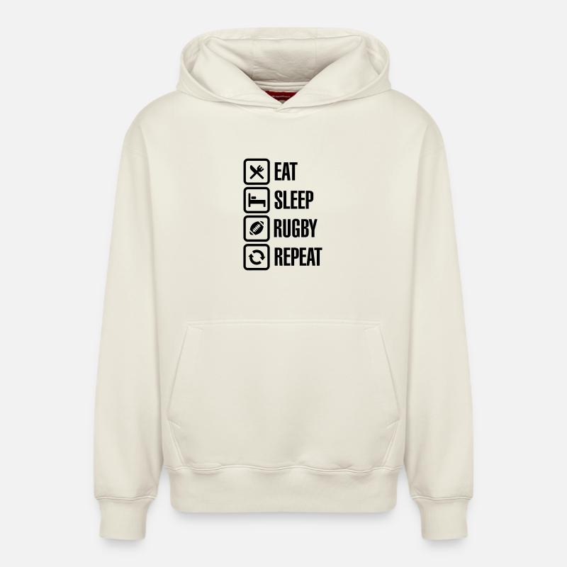 Eat Sleep Rugby Repeat - Sweat à capuche unisexe décontracté en coton biologique – de SPREAD - blanc cassé