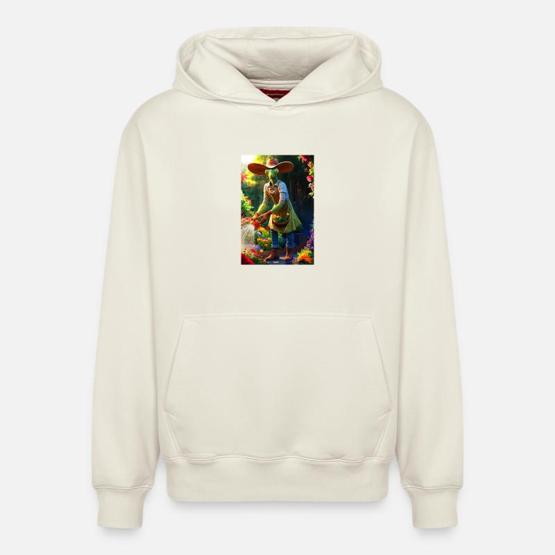 Humanoide Gartenmantis mit Scheunenhut - Relaxed Unisex Organic Hoodie – von SPREAD - Naturweiß