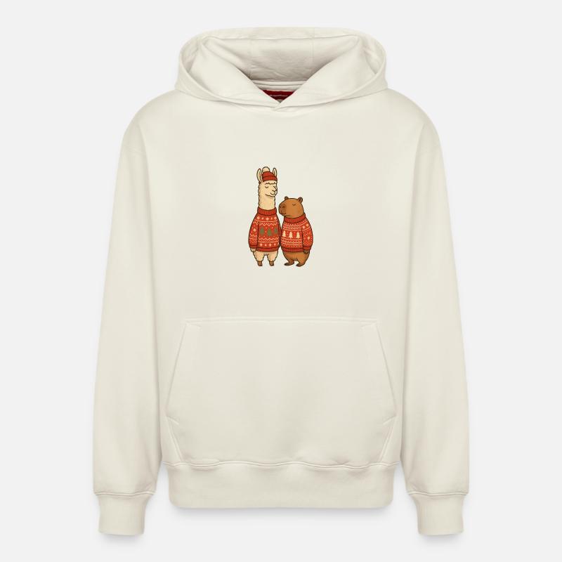 Lama und Cabibara Weihnachtspullover Duo - Relaxed Unisex Organic Hoodie – von SPREAD - Naturweiß