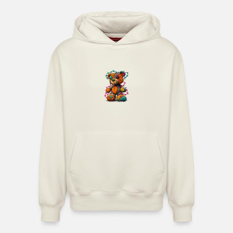 Patchwork Teddybär mit Neonfäden - Relaxed Unisex Organic Hoodie – von SPREAD - Naturweiß