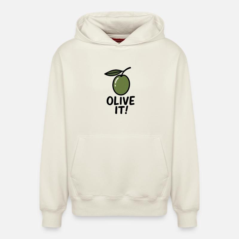 Illustration d’olive avec slogan - Sweat à capuche unisexe décontracté en coton biologique – de SPREAD - blanc cassé