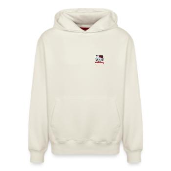 Hello Kitty Embroidered Portrait - Relaxed Unisex Organic Hoodie – by SPREAD - off white - Front - AI Model Female 172 dark (172cm) & AI Model Male 178 light (178cm)