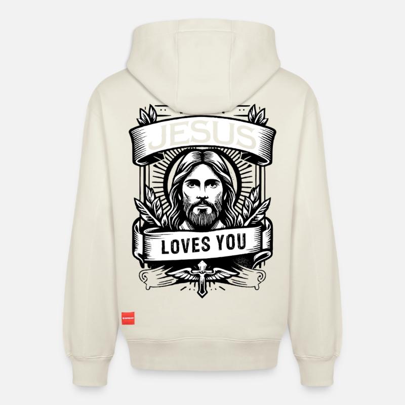 Jésus vous aime avec l’arc - Sweat à capuche unisexe décontracté en coton biologique – de SPREAD - blanc cassé