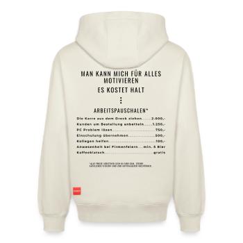 Motivation durch Pauschalen Backprint - Relaxed Unisex Organic Hoodie – von SPREAD - Naturweiß - Hinten - AI Model Male 178 light (178cm)