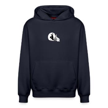 Funny Rabbit hand shadow puppets humor pop art - Relaxed Unisex Organic Hoodie – by SPREAD - navy - Front - AI Model Female 172 light (172cm) & AI Model Male 178 dark (178cm)