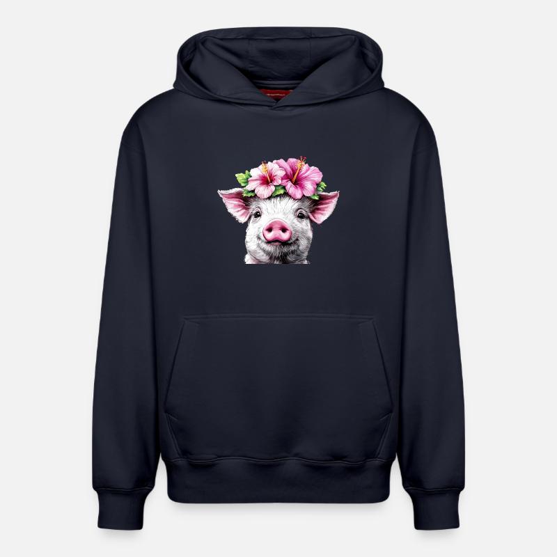 Cochon à couronne d’hibiscus - Sweat à capuche unisexe décontracté en coton biologique – de SPREAD - bleu marine