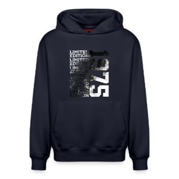 51 YEARS LIMITED EDITION 1975 51ST BIRTHDAY - Relaxed Unisex Organic Hoodie – by SPREAD - navy - Front - AI Model Female 172 light (172cm) & AI Model Male 178 dark (178cm)