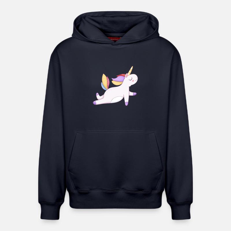 Buntes Einhorn sitzend, Pastellmuster - Relaxed Unisex Organic Hoodie – von SPREAD - Navy