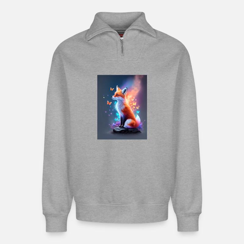 Fantastischer Fuchs mit bunten Schmetterlingen - Relaxed Unisex Organic Half Zip Sweatshirt – von SPREAD - Grau meliert
