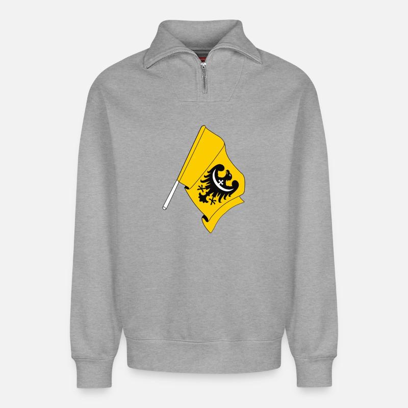 Drapeau Basse-Silésie Pologne - Sweat unisexe décontracté en coton biologique à demi-zip – de SPREAD - gris chiné