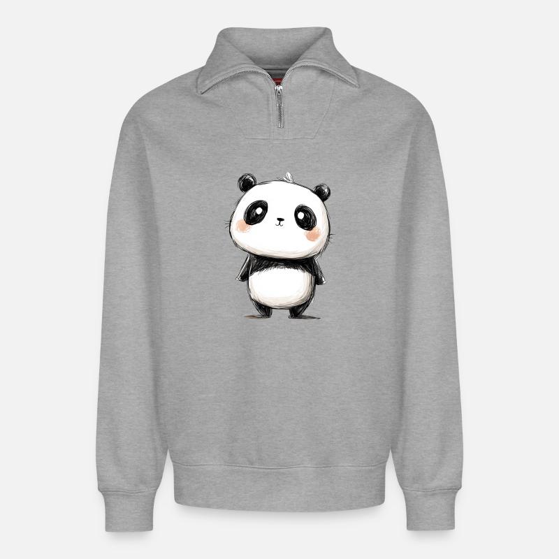 petit panda dessin - Sweat unisexe décontracté en coton biologique à demi-zip – de SPREAD - gris chiné