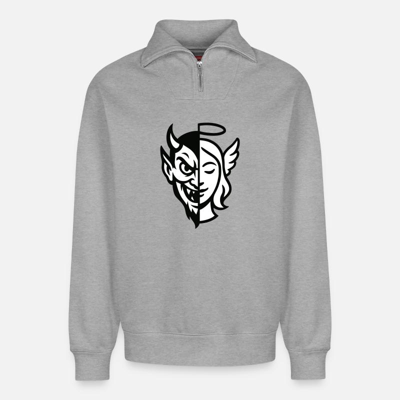 Split Face Dämon Engel - Relaxed Unisex Organic Half Zip Sweatshirt – von SPREAD - Grau meliert