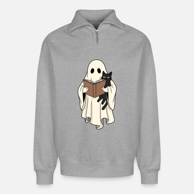 Lesender Geist mit Katze im Buch - Relaxed Unisex Organic Half Zip Sweatshirt – von SPREAD - Grau meliert