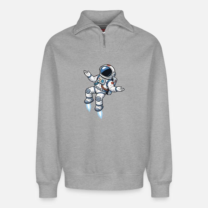 Schwebender Comic Astronaut mit Raketenantrieb - Relaxed Unisex Organic Half Zip Sweatshirt – von SPREAD - Grau meliert
