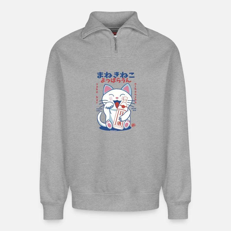 Lucky Cat Drunk on Sake - Relaxed Unisex Organic Half Zip Sweatshirt – von SPREAD - Grau meliert