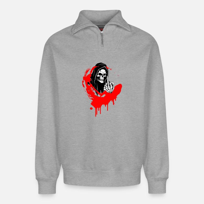 Rebellenschädel Illustration mit Mittelfinger - Relaxed Unisex Organic Half Zip Sweatshirt – von SPREAD - Grau meliert