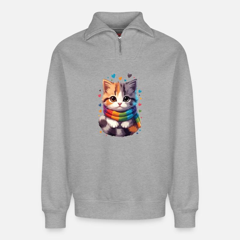 Regenbogen-Kätzchenschal - Relaxed Unisex Organic Half Zip Sweatshirt – von SPREAD - Grau meliert