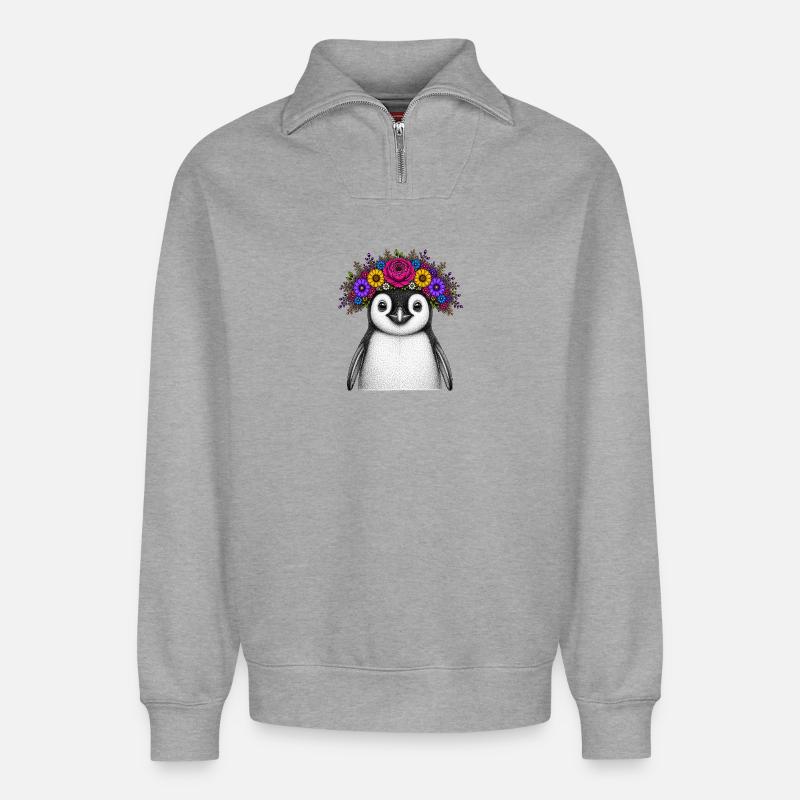 Pinguin mit Blumenkrone - Relaxed Unisex Organic Half Zip Sweatshirt – von SPREAD - Grau meliert