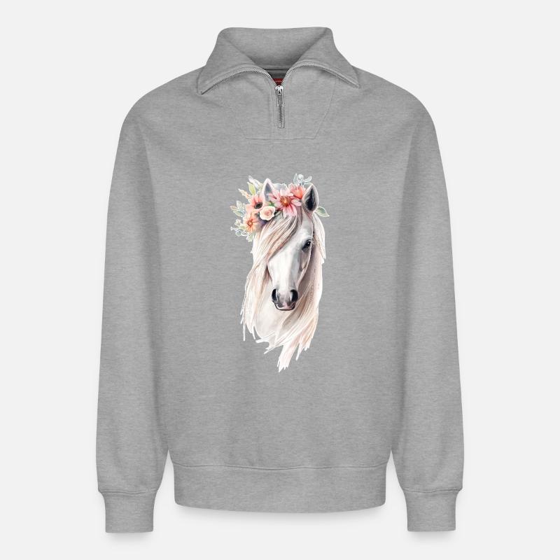 Pferd mit Blumen - Relaxed Unisex Organic Half Zip Sweatshirt – von SPREAD - Grau meliert