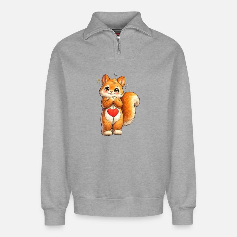 Schüchternes Eichhörnchen mit rotem Herz - Relaxed Unisex Organic Half Zip Sweatshirt – von SPREAD - Grau meliert