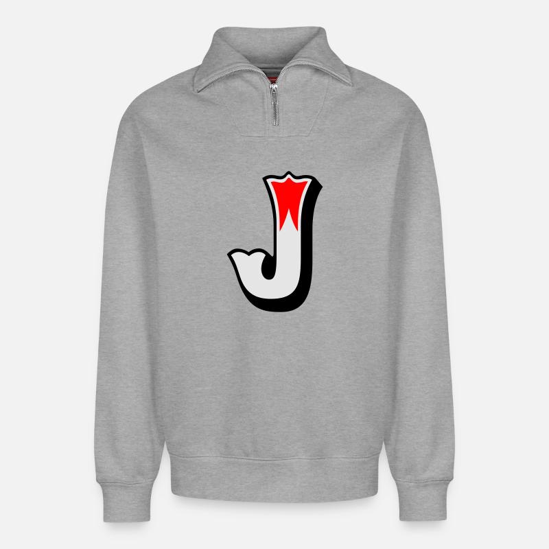 Buchstabe - J - Sweat unisexe décontracté en coton biologique à demi-zip – de SPREAD - gris chiné