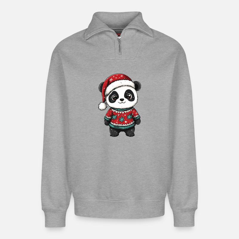 Noël de Noël Panda - Sweat unisexe décontracté en coton biologique à demi-zip – de SPREAD - gris chiné