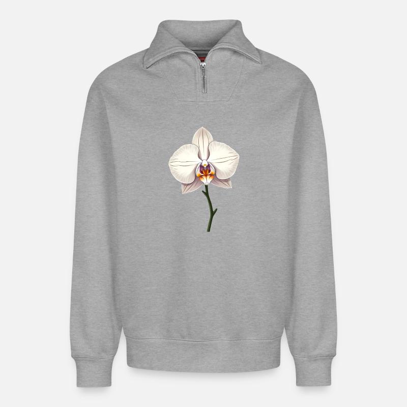 Orchidée blanche - Sweat unisexe décontracté en coton biologique à demi-zip – de SPREAD - gris chiné