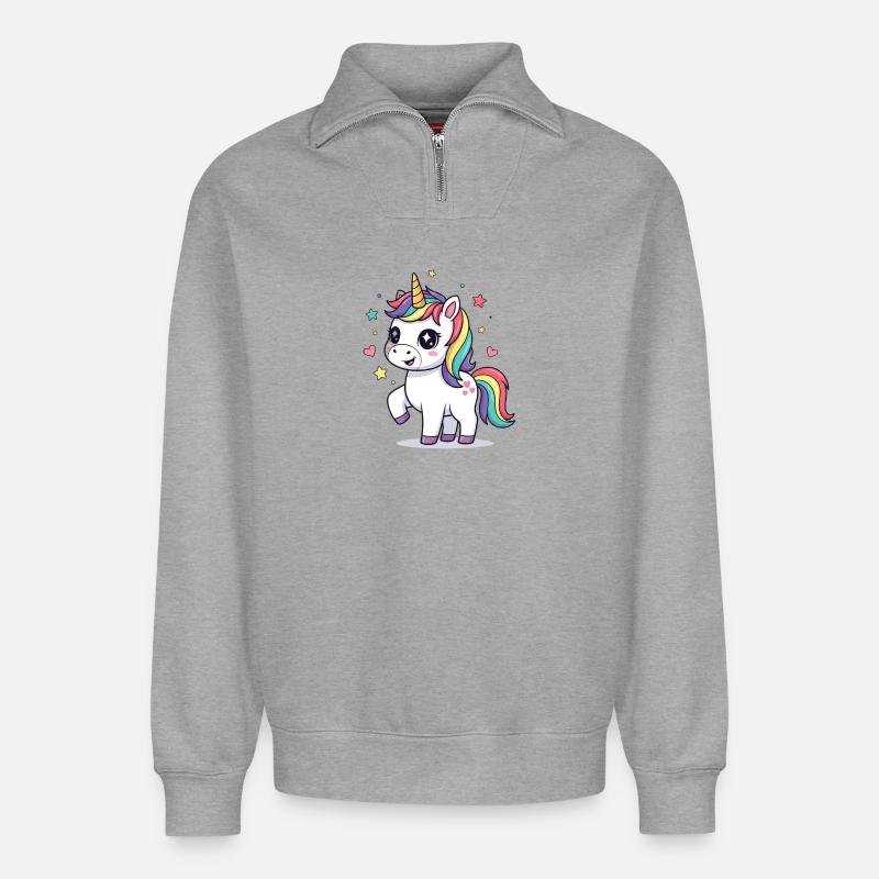 Verspieltes Einhorn mit Regenbogenmähne - Relaxed Unisex Organic Half Zip Sweatshirt – von SPREAD - Grau meliert
