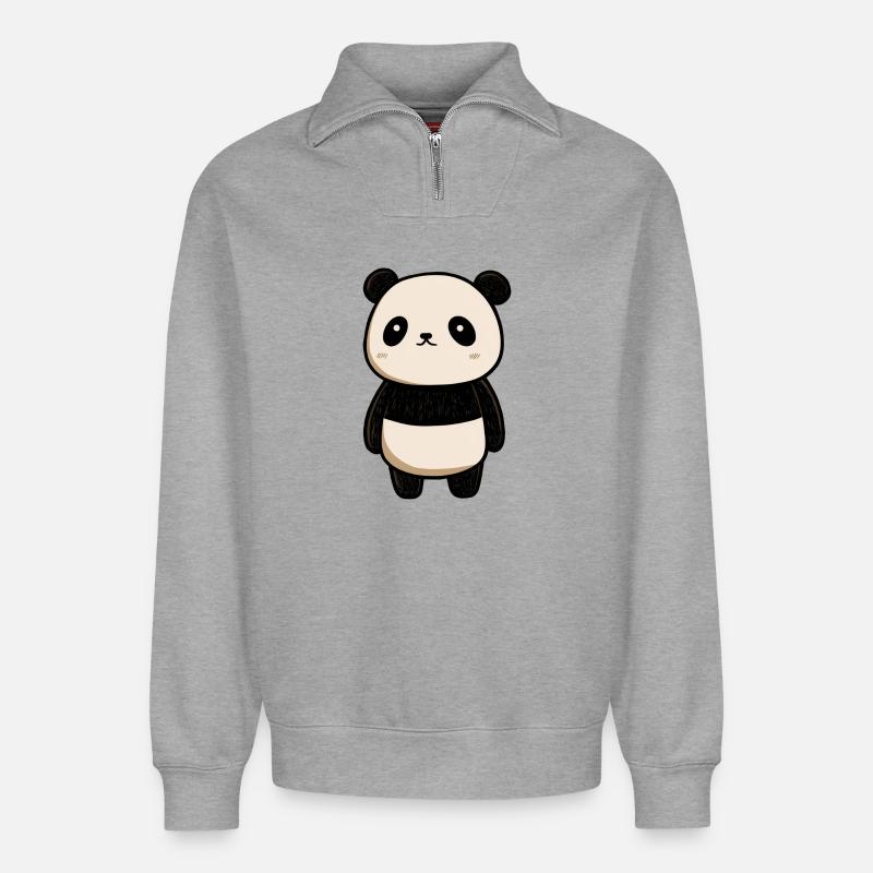 dessin panda, panda mignon, bébé panda - Sweat unisexe décontracté en coton biologique à demi-zip – de SPREAD - gris chiné