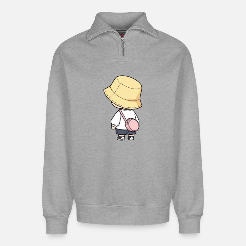 Kleiner Entdecker im Bucket Hat - Relaxed Unisex Organic Half Zip Sweatshirt – von SPREAD - Grau meliert