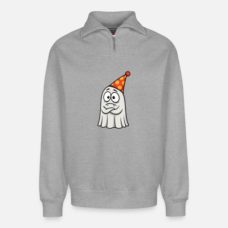 Grumpy Ghost with Party Hat - Relaxed Unisex Organic Half Zip Sweatshirt – by SPREAD - heather grey