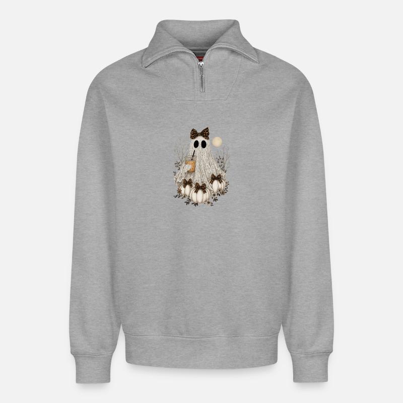 Süßer Spitzengeist, Halloween-Geist, Kürbis, Kaffee - Relaxed Unisex Organic Half Zip Sweatshirt – von SPREAD - Grau meliert
