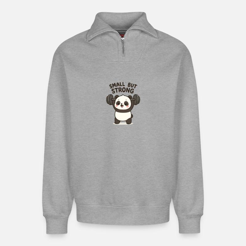 Kleiner Panda mit Gewichtheber-Motiv - Relaxed Unisex Organic Half Zip Sweatshirt – von SPREAD - Grau meliert