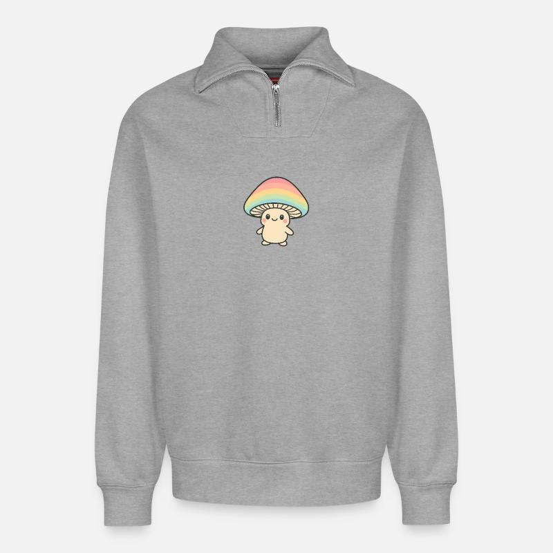 Pilz mit Regenbogenmütze - Relaxed Unisex Organic Half Zip Sweatshirt – von SPREAD - Grau meliert