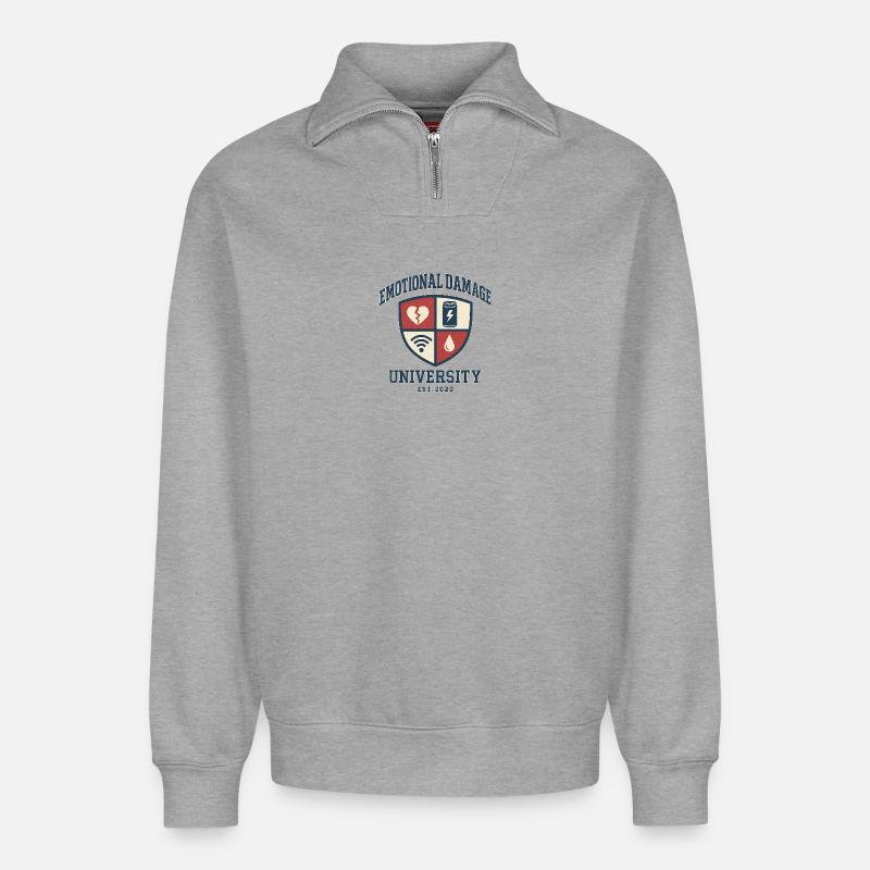 Dommages émotionnels à l’université - Sweat unisexe décontracté en coton biologique à demi-zip – de SPREAD - gris chiné