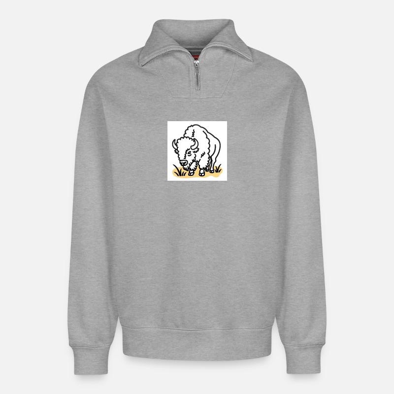 Bison on yellow grass - Relaxed Unisex Organic Half Zip Sweatshirt – by SPREAD - heather grey