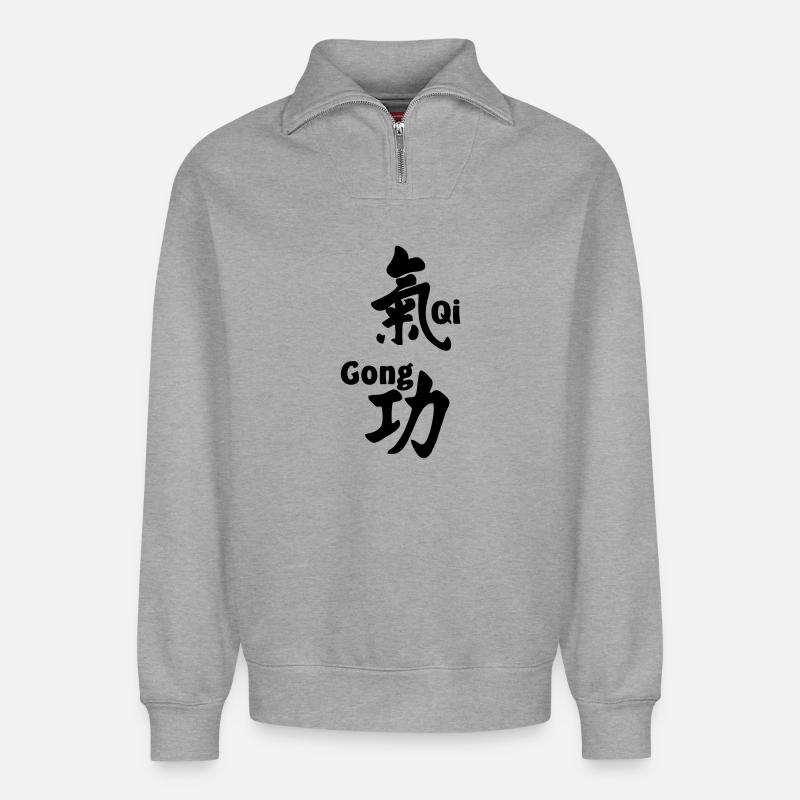 QI gong script with text vertical - Relaxed Unisex Organic Half Zip Sweatshirt – by SPREAD - heather grey