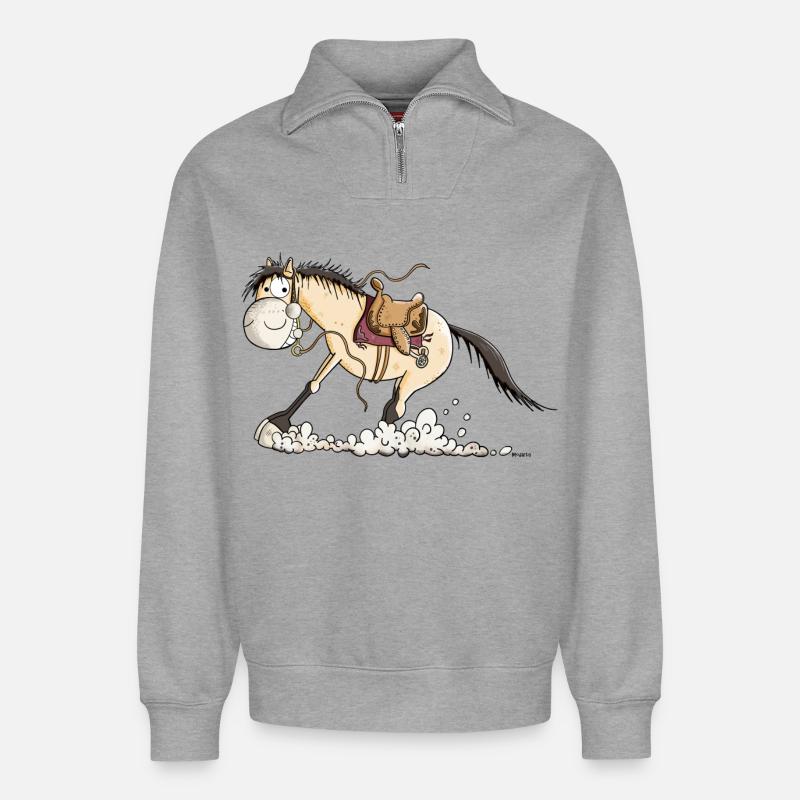 Westernpferd im Sliding Stop - Relaxed Unisex Organic Half Zip Sweatshirt – von SPREAD - Grau meliert