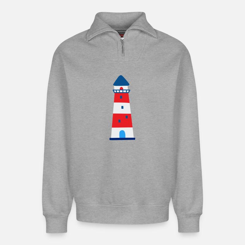 Nautic Design Rayé Phare Illustration - Sweat unisexe décontracté en coton biologique à demi-zip – de SPREAD - gris chiné