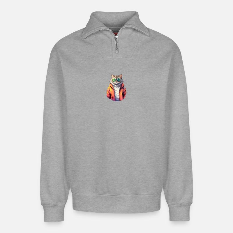 Coole 80s Katze - Relaxed Unisex Organic Half Zip Sweatshirt – von SPREAD - Grau meliert