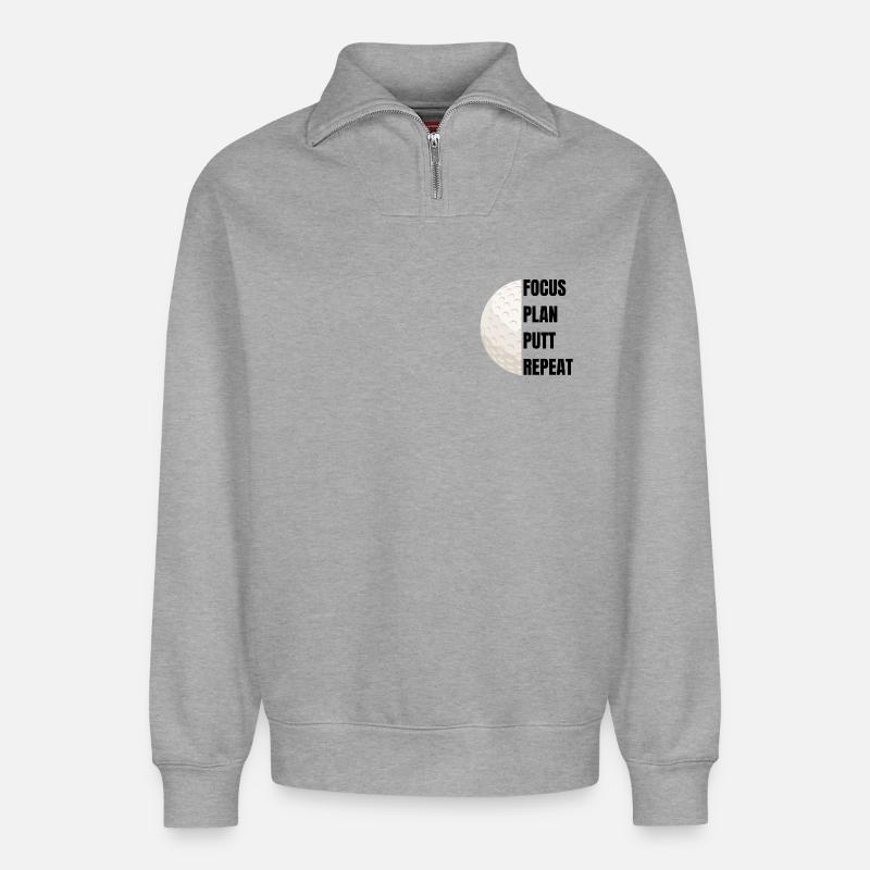 Focus Plan Putt Repeat – Golfslogan - Relaxed Unisex Organic Half Zip Sweatshirt – von SPREAD - Grau meliert